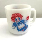 Vintage Glass Raggedy Ann & Andy  Milk Glass Mug / cup 1970's D handle