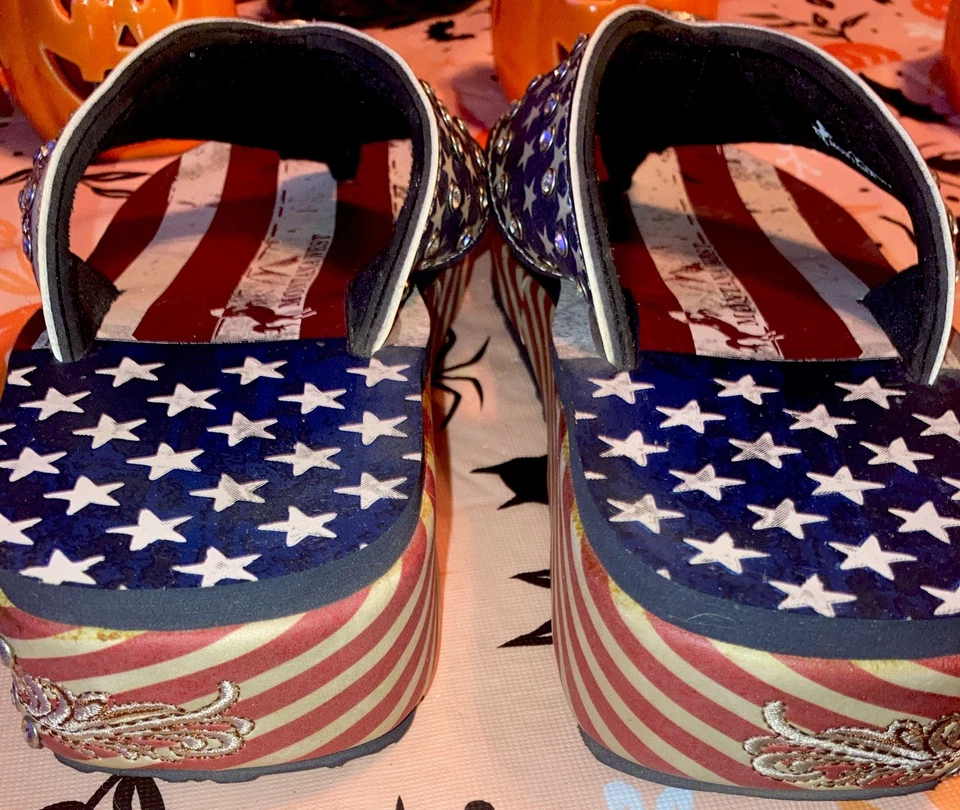 Montana West Wedge Flip Flops Size 9 Americana American Flag Conches Rhinestone - Image 3 of 4