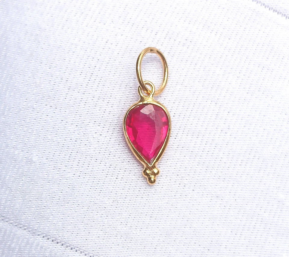 18K Solid Gold Lab-Created  Ruby Gemstone Charm Handmade Necklace Charm Pendant - Image 2 of 3