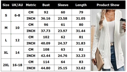 Womens Long Sleeve Casual Pocket Open Ladies Thin Coat Cardigan Shirts Tops Size - Picture 12 of 12