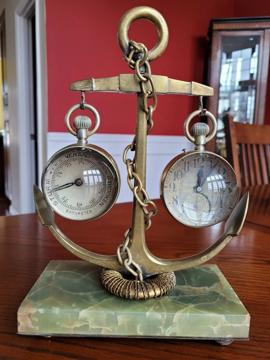 French Gilt Bronze Onyx ball Clock Barometer Timepiece Ship Marine