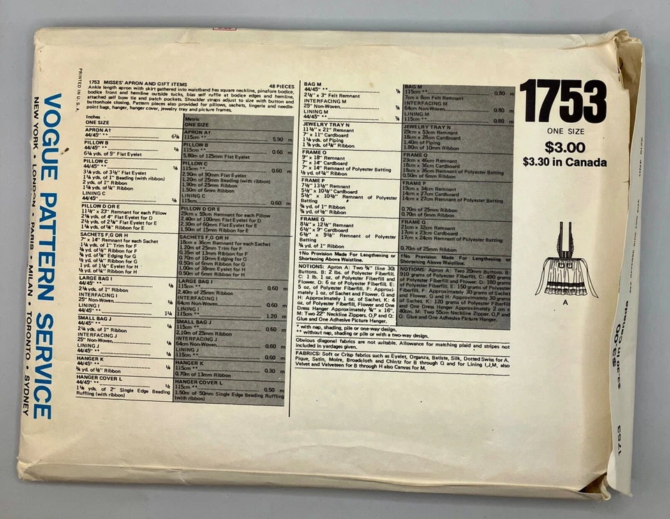 Vintage Vogue Patterns 1753 Misses Apron and Gift Items UNCUT - Image 2 of 4