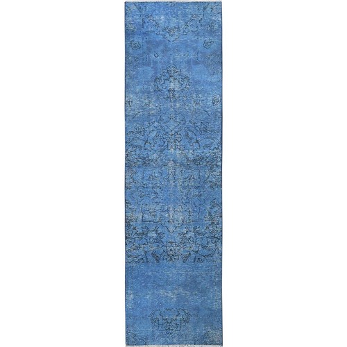 2'4"x9'2" Blue Overdyed Vintage Zoroastrian Hand Knotted Wool Runner Rug R941