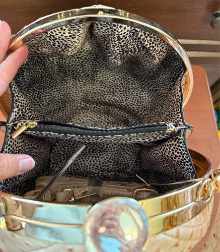Ostrich Embossed Round Satchel w/Strap Two Compartments Faux-Jewel Latch Closure - Picture 11 of 12
