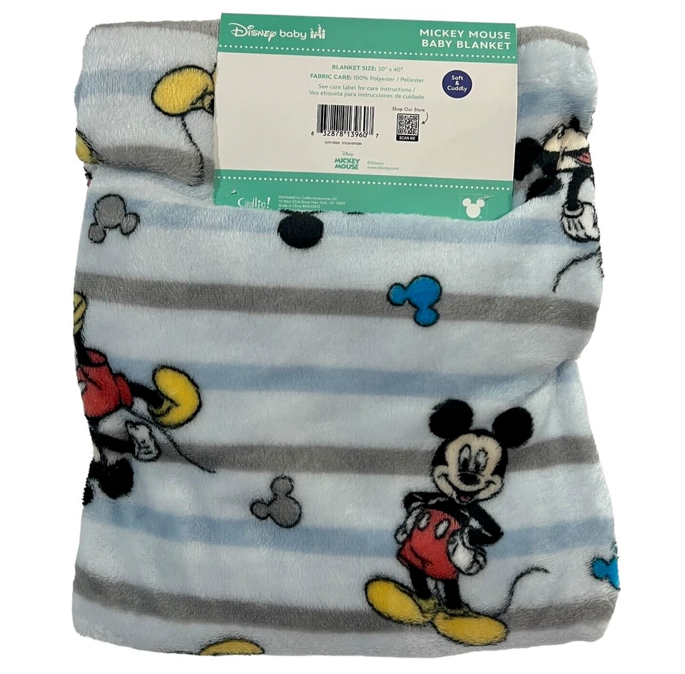 NUEVO Disney Bebé Mickey Mouse Posando Rayas Peluche Bebé Manta Niño Pequeño Azul Gris Foto 3 de 4