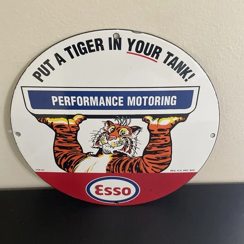 VINTAGE ESSO STRONG PERFORMANCE  TIGER GASOLINE OIL PORCELAIN SIGN