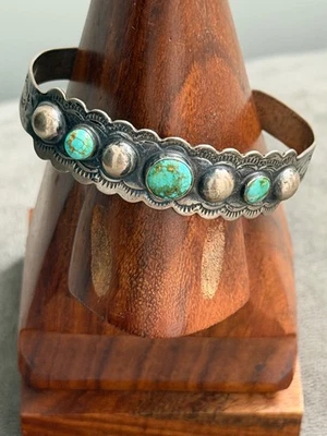 Vintage Fred Harvey Era Coin Silver Turquoise Cuff Bracelet Stamped Native Style - Image 1 of 4