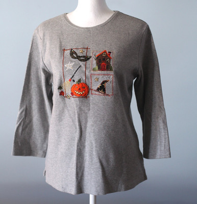 Halloween Shirt Size Small 3/4 Sleeve Embroidery VTG 90s Classic Elements