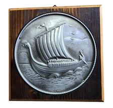 Hardanger Tredesign Viking Ship Wall Plaque Pewter & Wood Made in Norway