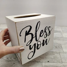 Bless You Tissue Box Cover White Wooden Farmhouse Style Home Decor