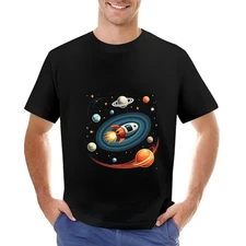 Men's Cotton Short Sleeve T-Shirt with Stylish Rocket Ship and Planetary Design 