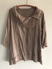 Match Point Ruffle Cowl Neck Top Taupe Women’s Large Raw Edges