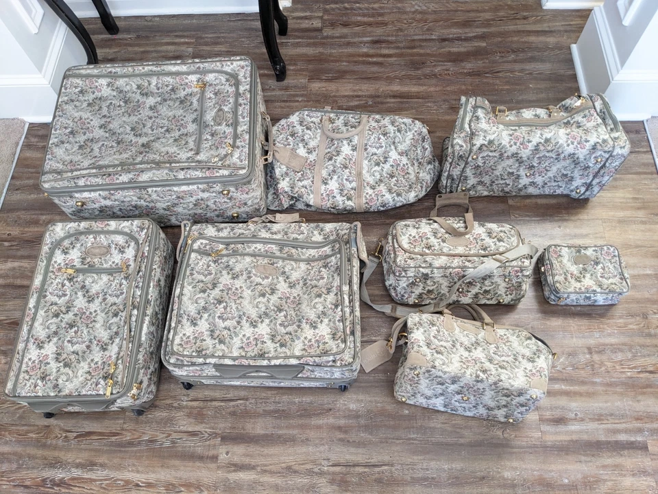 Vintage French Luggage Co 8 Pc Set Gray Floral Rose Tapestry Suede Leather USA - Image 2 of 4