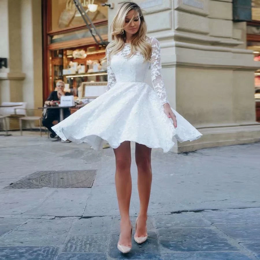 Ivory Knee-Length Long Sleeve Wedding Dresses for sale | eBay