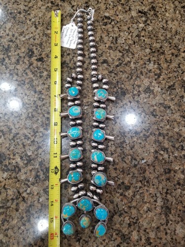 Squash Blossom Navajo Silver Turquoise by Artist Gilbert Nez Fox TRQ Nevada - Picture 7 of 9