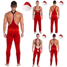 Men Bodysuit Hat Jumpsuit Xmas Nightwear Party Costume Nightclub Partywear Set
