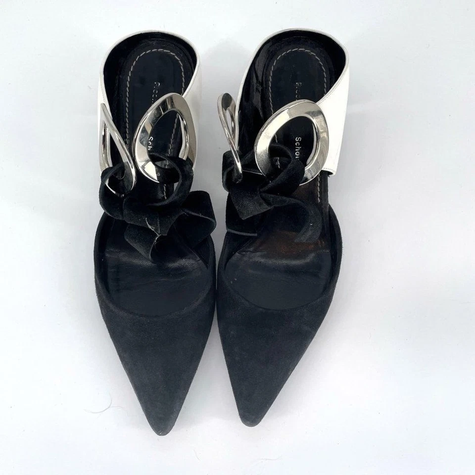 Mules Proenza Schouler Ojal Cuero Gamuza Punta Negro Blanco Para Mujer 39 Foto 3 de 4