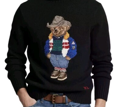 $448 NWT NEW Men's Polo Ralph Lauren Iconic Polo Cowboy Bear Sweater Black  XL