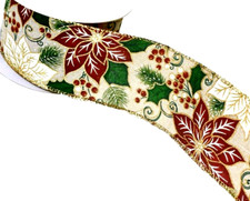 Christmas Poinsettia 2.5" x 10 yard Wire Ribbon Cream Burgundy Gold Holly Berry