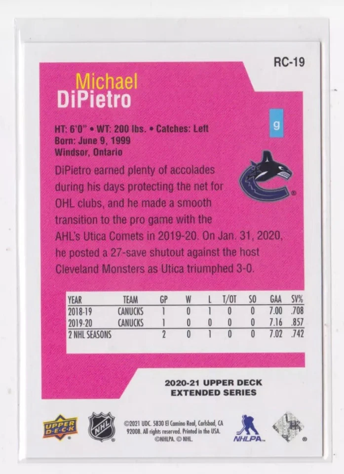 2020-21 UD EXTENDED SERIES ROOKIE CLASS INSERT MICHAEL DiPIETRO #RC-19 CANUCKS - Image 2 of 2