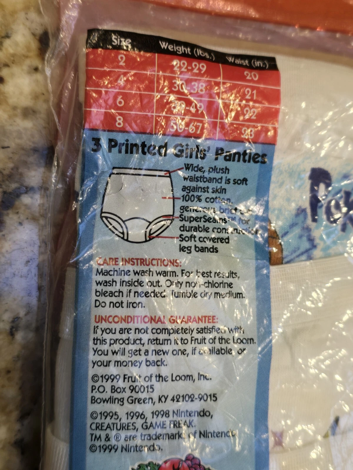 ポケモン フルーツオブザルーム ガールズ サイズ2 ファンパル 下着 100% コットン VTG 1999 - 画像4/5