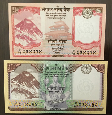 Nepal Rs 5 & 10 Everest Banknotes Dec 2020, Sign-21 M.P. Adhikari UNC