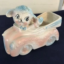 Vintage MCM Inarco E-3676 Lamb Nursery Baby Planter Pink & Blue Waving in Car