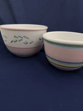 Two Vtg CALECA Handpainted Pink White Italian Pottery 8" Serving Mixing Bowls