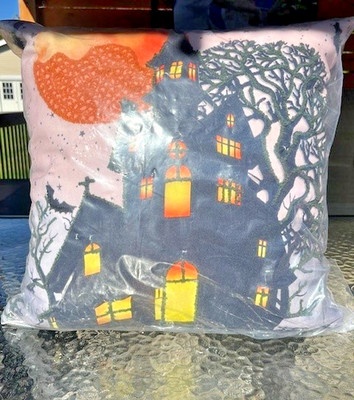 NEW Home Reflections Spooky Haunted House Punch Needle Light Up Halloween Pillow