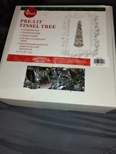 Silver Christmas Tree 3' Tinsel Pop Up Pre-lit Slim Design 50 White Lights