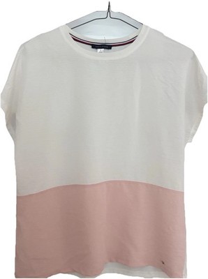 Colorblock Short Sleeve Top Pink White Relaxed Fit Women Size S Tommy Hilfiger 