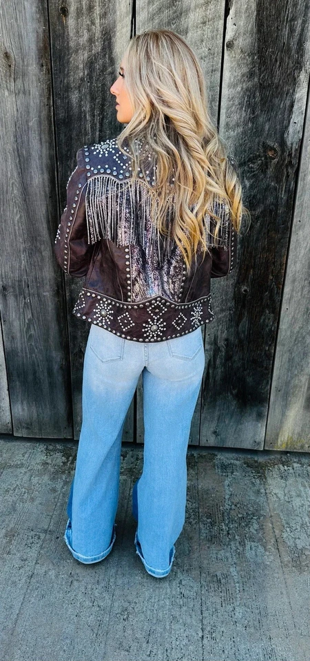 Chaqueta de motociclista de cuero Double D Ranch 5 m cristales tachuelas estrás flecos $1495 S Foto 2 de 4