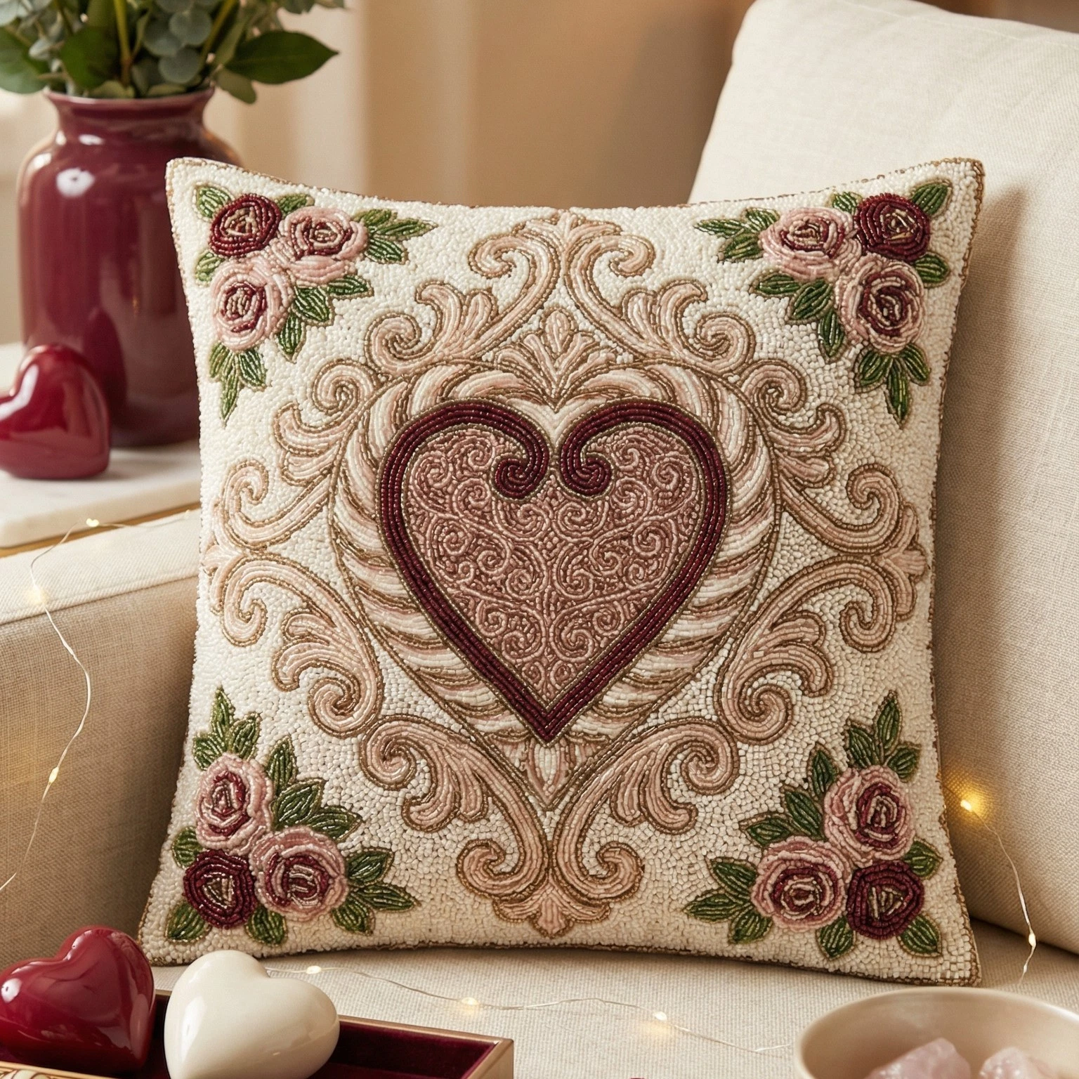 Decorative Beaded Heart Throw Pillow Cover, Floral Rose Embroidery, Romantic
Opens in a new window o