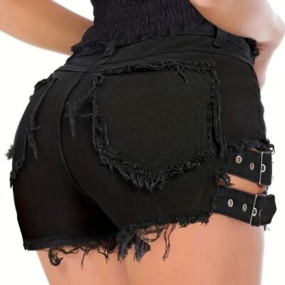 Undbranded Womens Denim Shorts Black High Waist Frayed Undbranded Womens Denim Shorts Black High Waist Frayed