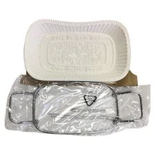 Porcelain Bread Tray with Silver Finish Serving Rack Give Us This Day White