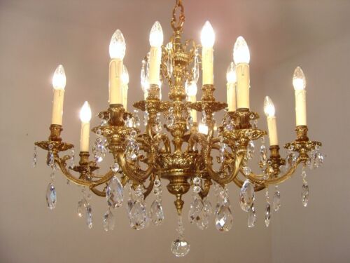 AMAZING 16 LIGHT BRASS CRYSTAL CHANDELIER LAMP SPANISH OLD Ø 32" - Picture 1 of 11