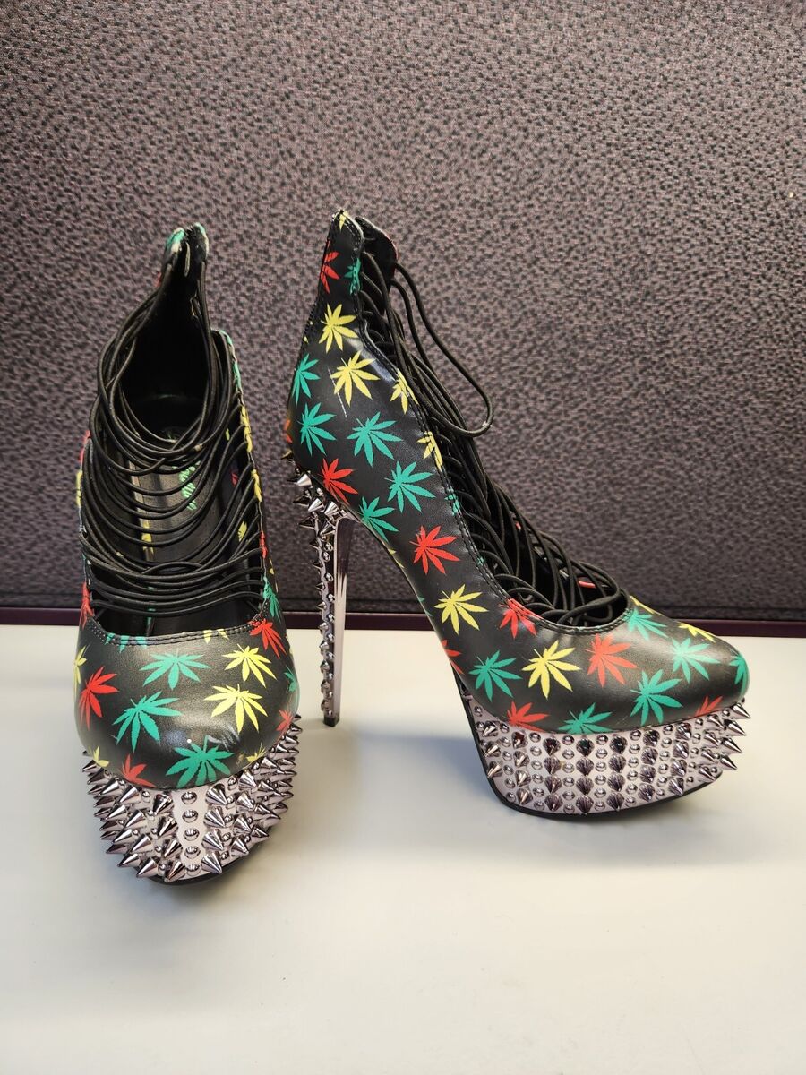 Kush Kouture Strappy Platform Heels Spiked Stilettos Rasta Kush Kouture Strappy Platform Heels Spiked Stilettos Rasta