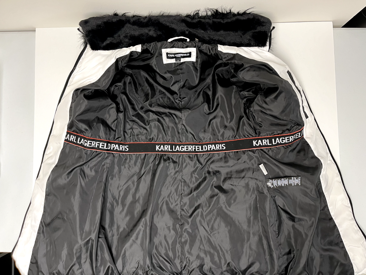 [Karl Lagerfeld Paris] ショートフード付きパファー Everyday Long Faux Fur レディース ブラック/ホワイト Large Karl Lagerfeld Paris Women's White Long Faux Fur Puffer Coat