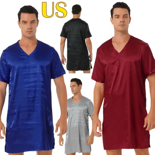 Mens Pajamas Nightshirt Satin Nightgown 
