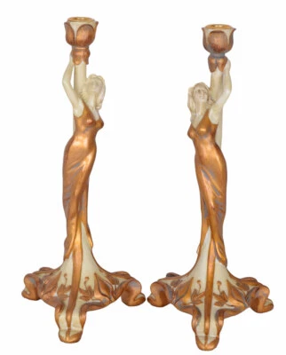 Zwei Leuchter Jugendstil Frauenfigur Kerzenhalter Kerzenständer Kerzenleuchter - Bild 1 von 4