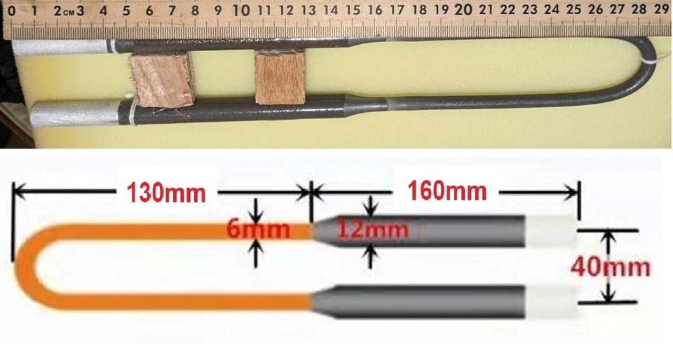 MoSi2 Heat Element 1700C 6/12 (Moly Disilicide) Le=130mm, Lu=160mm, A=40mm Foto 4 de 4