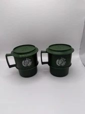 2 Vintage Tupperware Coffee Mugs & Coasters Green Dove Christmas Hot Cocoa