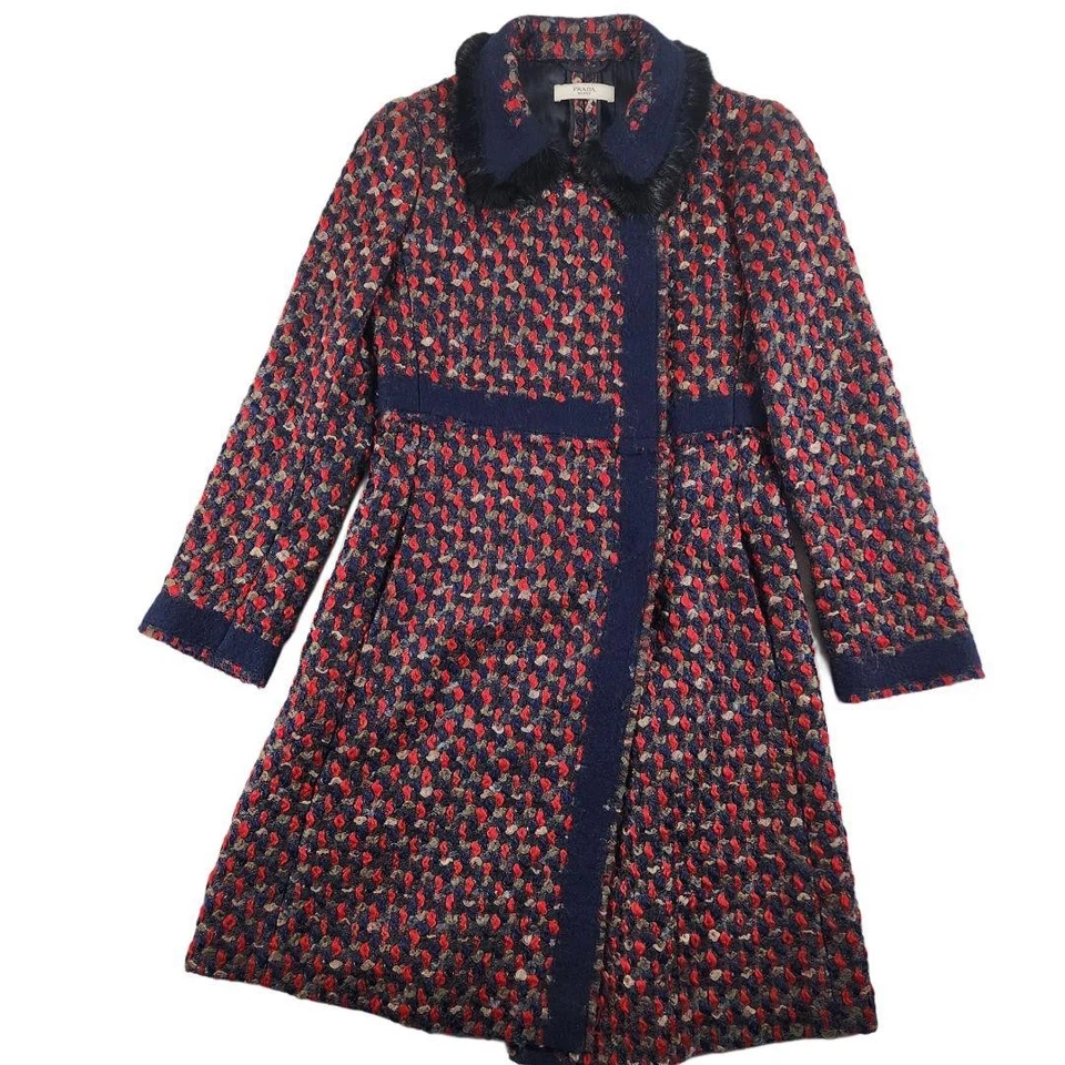 Abrigo Largo PRADA Excelente Estado Piel Visón Mezcla Tweed Lana Rojo Talla S Foto 2 de 4