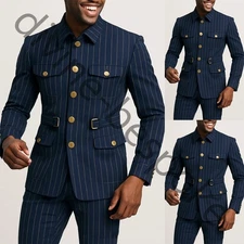 Vintage Striped Men's Safari Jackets Navy Blue Wedding Outdoor Hunting Coat Pant