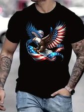 Men's Patriotic Bald Eagle Graphic T-Shirt - American Flag Design, Black Cotton