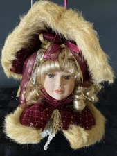 NWT Dandee Victorian Porcelain Doll Head Christmas Ornament Dark Red Glass Eyes