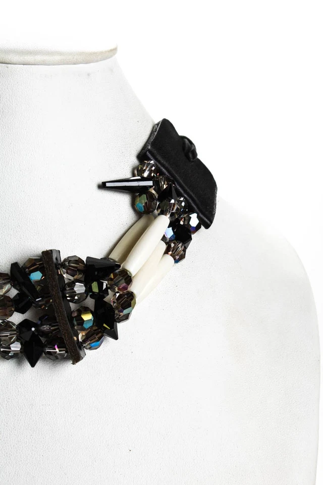 Filles A Papa Womens Cherokee Leather / Bone / Crystal Choker Necklace 26" - Image 2 of 4