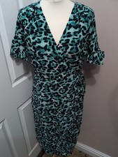Sosandar - Green Animal Print - Short Fluted Sleeve - Midi Dress UK 12