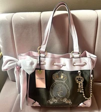 Juicy Couture Classic Juicy Lovers Club Daydreamer Tote Viral Y2K Pink Brown Bow