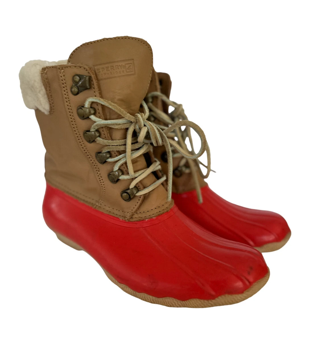 Sperry Brown Leather Red Rubber Boots Lined Duck Rain Womens 8M WOOL
